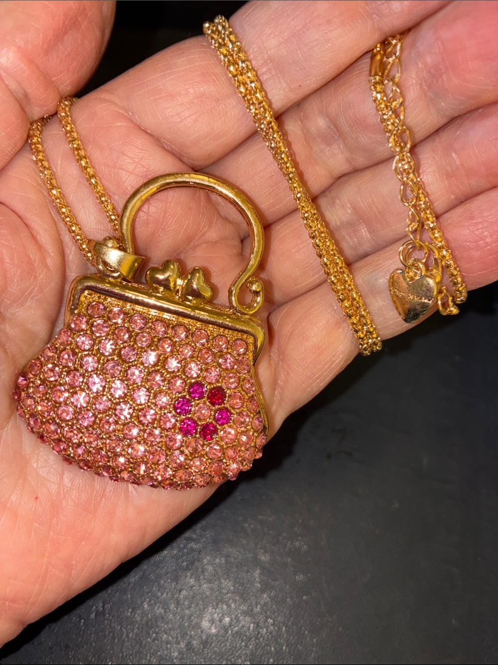 Gold-Tone Pink Crystal Mini Purse Pendant Necklace